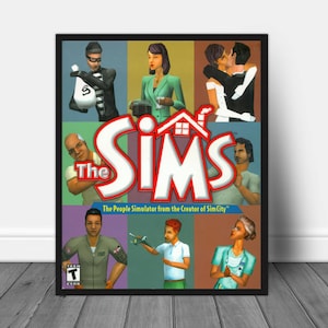 Op de afbeelding: De doos van het videospel De Sims toont een kleurrijke collage van personages en de titel van het spel in grote, vetgedrukte letters. De tekst "The People Simulator from the Creator of SimCity" is ook inbegrepen.