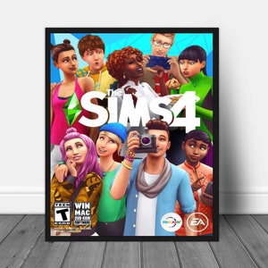 May include: The Sims 4 video game cover art features a group of diverse characters in colorful clothing. The game title "The Sims 4" is displayed in large white letters with a green diamond logo. The cover also includes the game's rating, "Teen", and the logos for Maxis and EA.
