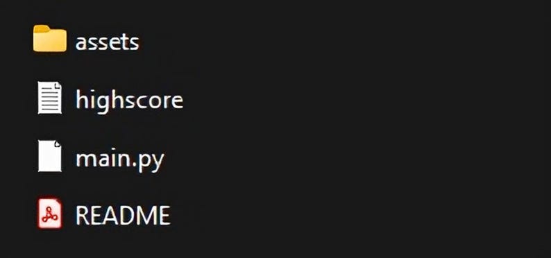 以下が含まれることがあります： フォルダ「assets」、テキストファイル「highscore」、Pythonファイル「main.py」、READMEファイルが表示されているファイルディレクトリのスクリーンショットです。