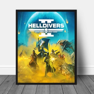 Puede incluir: Un póster para el videojuego Helldivers 2, que presenta a un grupo de soldados con armadura futurista de pie en un paisaje amarillo y naranja. El título del juego se muestra en grandes letras blancas en la parte superior del póster.