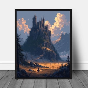 May include: Framed art print of a dark castle atop a mountain, set against a sunset sky with fluffy clouds. A figure in red stands in a field in the foreground. The artwork is in a black frame.