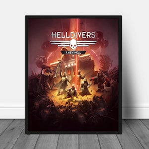 Può includere: Un poster per il videogioco Helldivers, con un logo a forma di teschio e il testo "A New Hell". Il poster raffigura un gruppo di soldati in armatura futuristica che combattono contro un'orda di creature aliene.