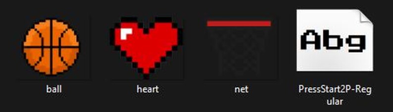 以下が含まれることがあります： バスケットボール、ハート、バスケットボールのネット、そして「Abg」というテキストと「PressStart2P-Regular」というテキストが書かれたファイルのピクセル化された画像です。
