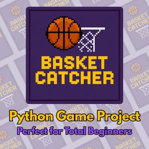 Puede incluir: Un juego de baloncesto pixelado llamado "Basket Catcher" con un fondo morado y texto amarillo. El juego se describe como un proyecto de juego de Python perfecto para principiantes absolutos.
