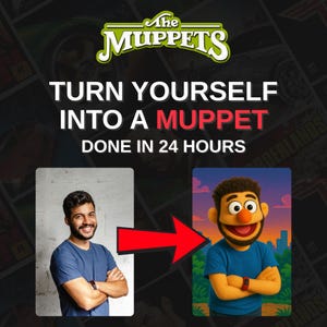 Könnte beinhalten: Ein Mann wird in 24 Stunden in eine Muppet-Figur verwandelt. Das Bild zeigt ein Vorher-Nachher-Foto mit einem roten Pfeil, der vom Mann zum Muppet zeigt. Das Muppet trägt ein blaues Hemd und hat ein gelbes Gesicht mit einem braunen Bart.