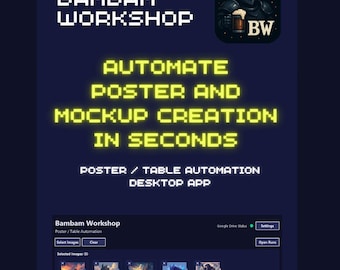 Op de afbeelding: Een donkerblauwe afbeelding met de tekst "BAMBAM WORKSHOP" en "AUTOMATE POSTER AND MOCKUP CREATION IN SECONDS". Het bevat ook een gepixelde illustratie van een ridder en een voorbeeld van afbeeldingen.