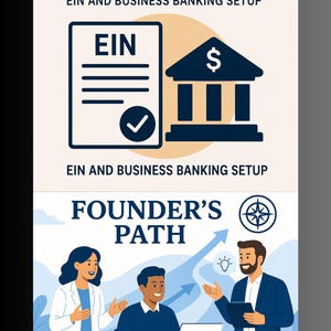 May include: A promotional graphic with the text "MAKE IT OFFICIAL" and "EIN AND BUSINESS BANKING SETUP." The image includes illustrations of a document with "EIN" and a bank building. Below is "FOUNDER'S PATH" with illustrations of people and a compass.