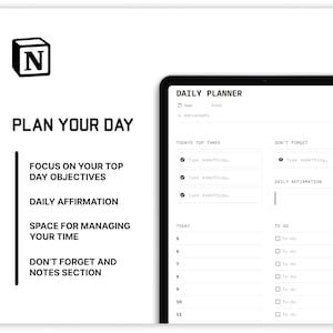 May include: A black and white image of a daily planner app interface. The app is called "Daily Planner" and has sections for "Today's Top Three", "Don't Forget", "Daily Affirmation", and "To Do".