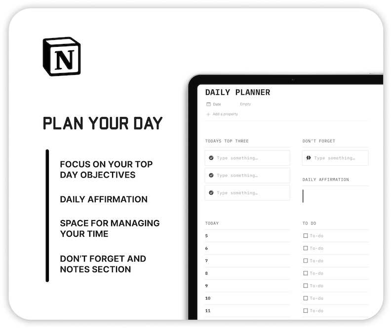 May include: A black and white image of a daily planner app interface. The app is called "Daily Planner" and has sections for "Today's Top Three", "Don't Forget", "Daily Affirmation", and "To Do".