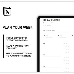 May include: A weekly planner app interface with the text "WEEKLY PLANNER" at the top. The app has a section for "THIS WEEK TOP THREE" with three checkboxes for listing tasks. Below that is a daily planner with sections for Monday, Tuesday, and Wednesday, each with a "TO DO" list.