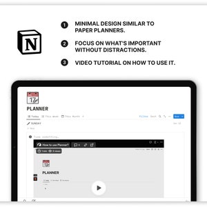 May include: A screenshot of a computer screen displaying a web page for a planner app. The app features a minimalist design, resembling a paper planner. It includes a calendar view, a list view, and a note-taking function. The app also offers a video tutorial on how to use it.