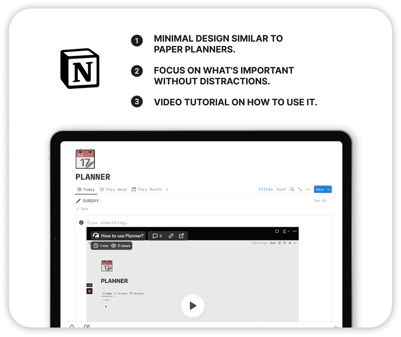 May include: A screenshot of a computer screen displaying a web page for a planner app. The app features a minimalist design, resembling a paper planner. It includes a calendar view, a list view, and a note-taking function. The app also offers a video tutorial on how to use it.