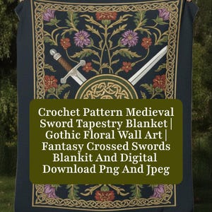 May include: A dark blue tapestry blanket with a medieval floral design, crossed swords, and a shield. The blanket features red, purple, and green floral patterns. Text on the blanket reads: Crochet Pattern Medieval Sword Tapestry Blanket | Gothic Floral Wall Art | Fantasy Crossed Swords Blankit And Digital Download Png And Jpeg.