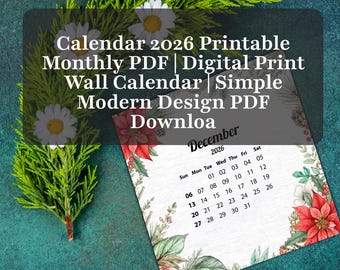 Calendário 2026 Mensal em PDF para Imprimir | Calendário de Parede Digital | Design Moderno e Simples para Download