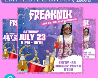 May include: A purple and blue birthday party invitation with the text "Freaknik" and "Jayla 21st Birthday Celebration". The invitation also includes the date "Saturday July 23" and the time "5 PM - Until".