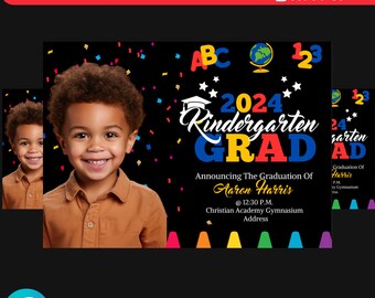 May include: A black and white graduation announcement for a kindergarten graduate. The announcement features a photo of a young boy, the text "2024 Kindergarten Grad", and colorful confetti. The announcement also includes the name "Aaron Harris" and the date and time of the graduation ceremony.