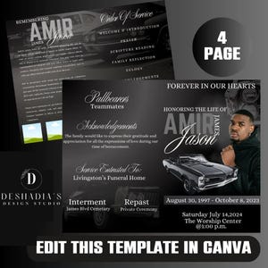 May include: A black and white memorial service template featuring the name "Amir Jason". The design includes a classic car graphic, event details, and the phrase "Forever in Our Hearts". The template is a 4-page design.