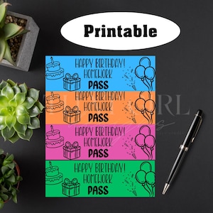 Happy Birthday Homework Pass For Students, Teacher Templates, Digital PDF Printable