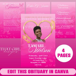May include: A pink obituary template with a photo of Tamari Wilson, a gold heart, and butterfly accents. The design includes the text "Forever in Our Hearts," service details, and the phrase "Edit this obituary in Canva."
