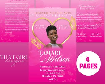Può includere: Un modello di necrologio rosa con una foto di Tamari Wilson, un cuore d'oro e dettagli a farfalla. Il design include il testo "Per sempre nei nostri cuori", i dettagli del servizio e la frase "Modifica questo necrologio in Canva".