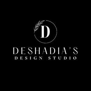 May include: A black background with the white text "DESHADIA'S DESIGN STUDIO". The logo features a white letter "D" inside a circle, with a leaf design. The overall design is minimalist and elegant.