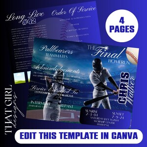 May include: A blue baseball-themed memorial service template with the text "The Final Homerun." The design includes a baseball, a baseball player, and the text "Chris Walker." The template has 4 pages and is editable in Canva.