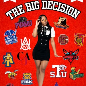 Pode incluir: Uma jovem mulher em um vestido preto está em pé contra um fundo vermelho com logotipos universitários. O texto "THE BIG DECISION" e "JAYLA MCREE" são exibidos. Os números 20 e 26 também são visíveis. A imagem é uma colagem de logotipos universitários.