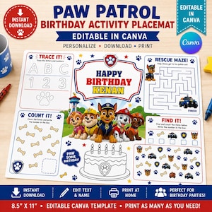 Paw Patrol Birthday Activity Placemat, Editable Canva Kids Party Printable (Instant Download)