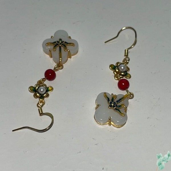 Long Lotus Tassel Earring, Hetian Jade Earring, Gold Plated Lotus Earring, Dangle Earring, Brilliant Lotus Flower