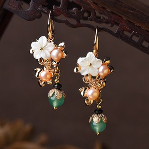 Green Jade Drop Earrings, Shell Flower Drop Earrings, Handmade Vintage Earrings Pearls, Long Chinese Style Dangle Earrings