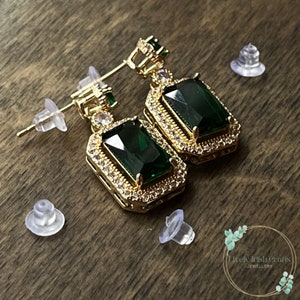 Titanium Square Emerald Earrings, Brilliant Emerald Earrings, Gold Emerald Earring, Titanium Steel, Elegant Emerald Earring