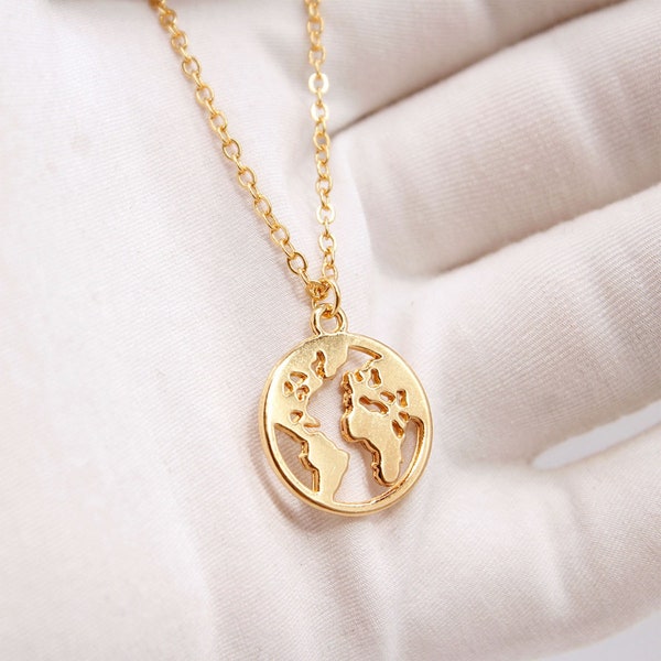 World Pendant Necklace, Gold Map Necklace, Cute Silver/Gold Necklace, Continental Necklace, Travel Necklace, Water Wave Chain