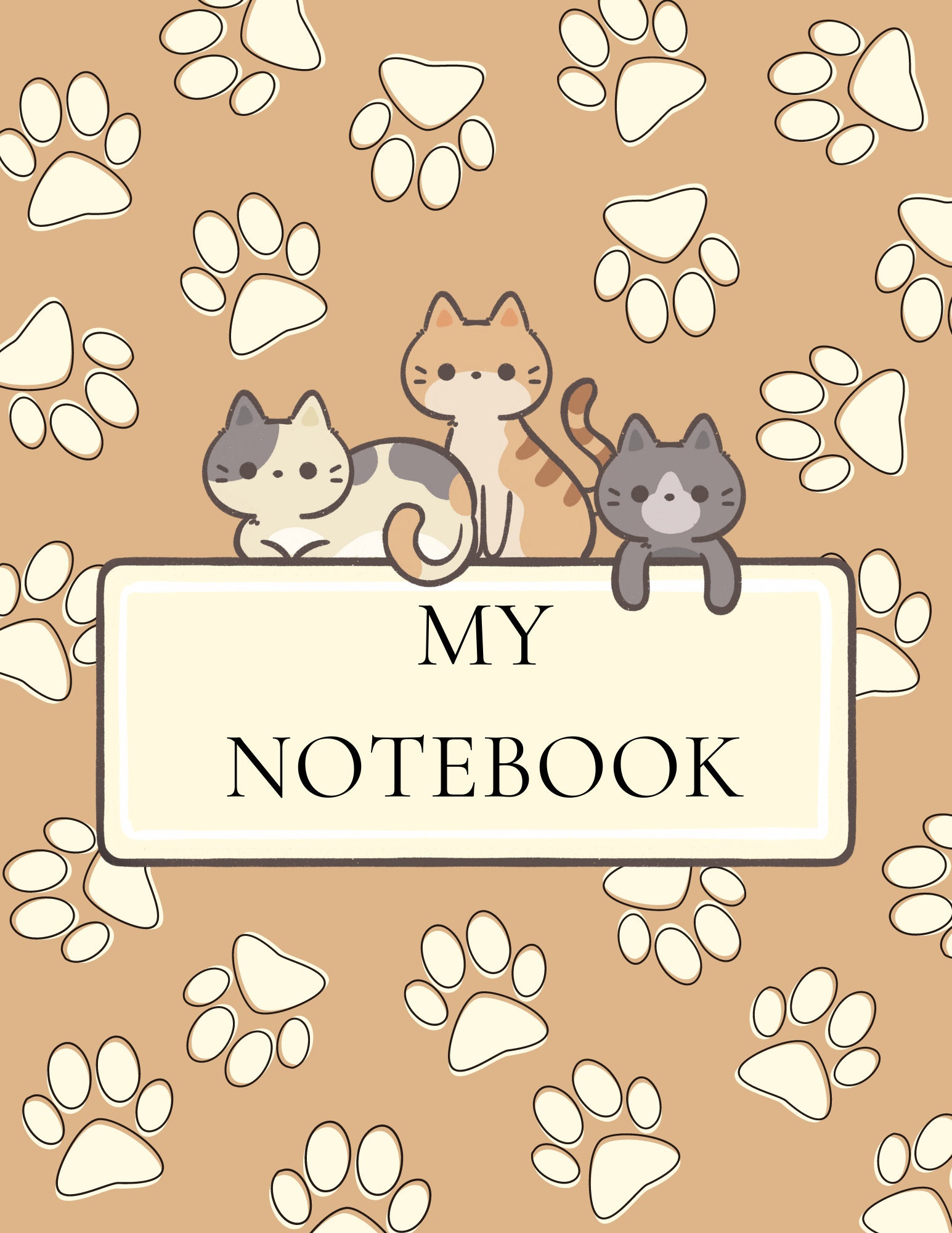 Two pages printable cat notebook cover and notes, Digital notebook,  Printable notebook paper, Cat theme notebook, Cat theme cover and page