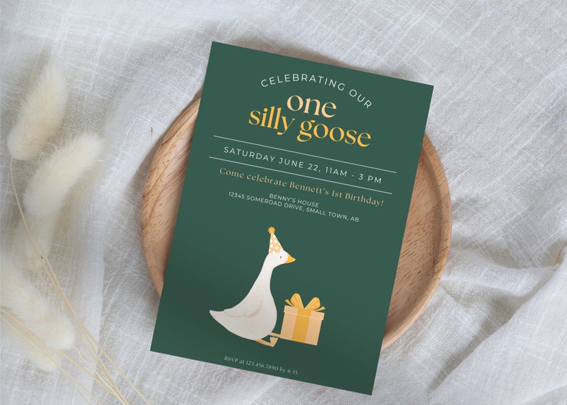 May include: A green invitation card with gold text that reads "Celebrating our one silly goose". The card has a cartoon illustration of a goose wearing a party hat and holding a gift box.