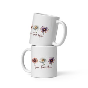 Tazza bianca lucida personalizzata con fiori margherita-- Tazza margherita-- Tazza floreale