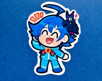Puede incluir: Una pegatina con un personaje de dibujos animados con pelo azul y un atuendo azul, saludando con una sonrisa. Una pequeña criatura negra está sentada en la cabeza del personaje. La pegatina tiene un borde blanco sobre un fondo azul.