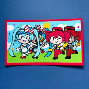 May include: A colorful illustration featuring cartoon characters with large eyes and distinctive hairstyles. The characters are dressed in various outfits, including maid-like dresses and red uniforms. The background shows a blue sky with clouds and confetti, framed by a red border.
