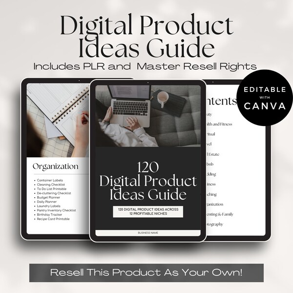 PLR Digital Product Ideas Guide With Resell Rights, Done For You Digital Product Ebook To Resell, MRR, Private Label Rights Included, Canva