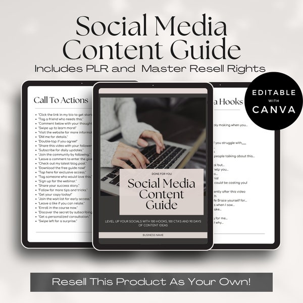 Social Media Content Guide with Private Label Rights PLR and Master Resell Rights MRR, Done For You Social Media Hooks, CTA's & Content Idea
