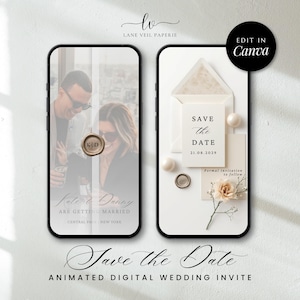Può includere: Invito di nozze digitale animato visualizzato su due smartphone. Uno mostra una coppia con il testo "Kate & Danny are getting married". L'altro mostra un biglietto "Save the Date" con una composizione floreale e la data 21.08.2029.
