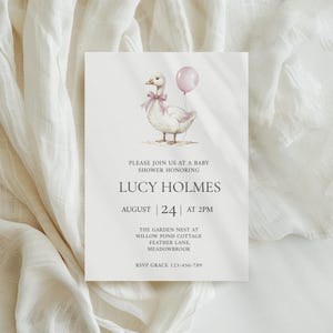Goose Baby Shower Printable Invitation & Digital Mobile Invite, Editable Canva Template, Girl Baby Shower, Instant Download BBS04