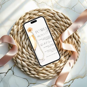 Editable Pearls & Prosecco Bridal Shower Digital Invitation, Champagne Bridal Shower Evite, Elegant Minimal Shower Mobile Invite, Canva BS03