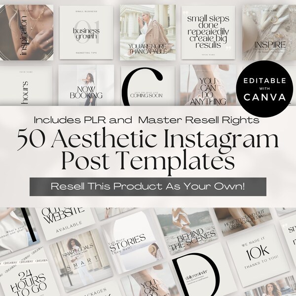 Instagram Posts with Master Resell Rights, Aesthetic Social Media Posts with MRR & PLR Private Label Rights, Done For You, Canva Templates