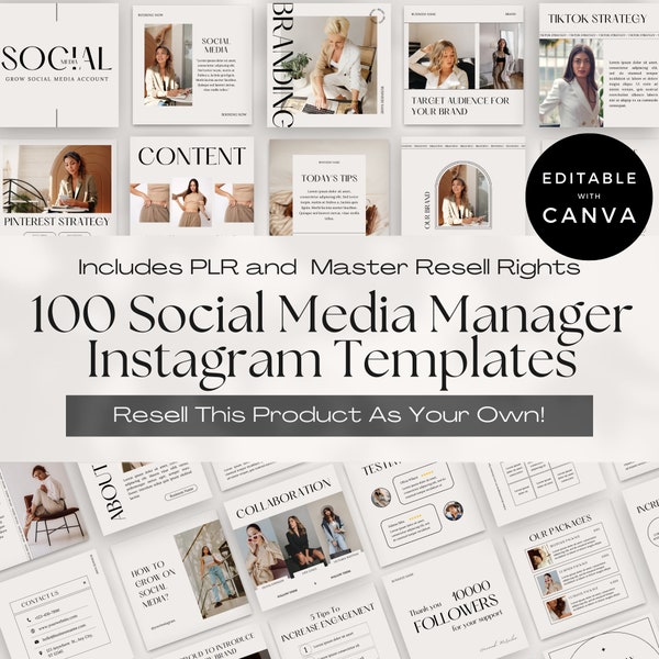 Social Media Manager Instagram Post Templates with Master Resell Rights MRR & Private Label Rights PLR, Aesthetic Social Media Posts, Canva