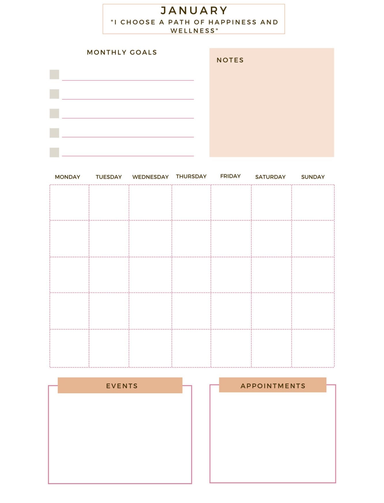 Agenda mensile con affermazioni mensili scaricabile, agenda mensile stampabile, organizzatore mensile PDF