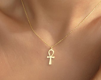 14K Gold Ankh Necklace, Egyptian Jewelry, Gift for Her, Ancient Necklace, Ankh Cross Necklace, Mom Necklace, Minimalist Necklace