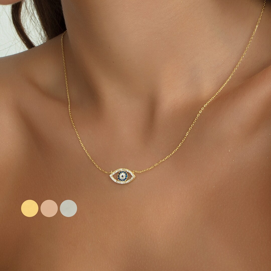 Evil Eye Necklace 14K Gold Chain Tiny Evil Eye Necklace Etsy