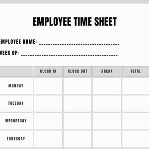 Printable Employee Timesheet, Printable Timecard, Work Schedule Tracker, Easy Work Log, Employee Time Sheet, Temporary Employee Timecard,