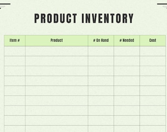 Pode incluir: Uma planilha de inventário de produtos em branco com colunas para o número do item, o produto, o número em estoque, o número necessário e o custo.