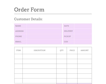 May include: A printable order form with sections for customer details, item description, quantity, price, amount, payment method, tracking number, shipping date, arrival date, and notes. The form has a total section and a thank you message.